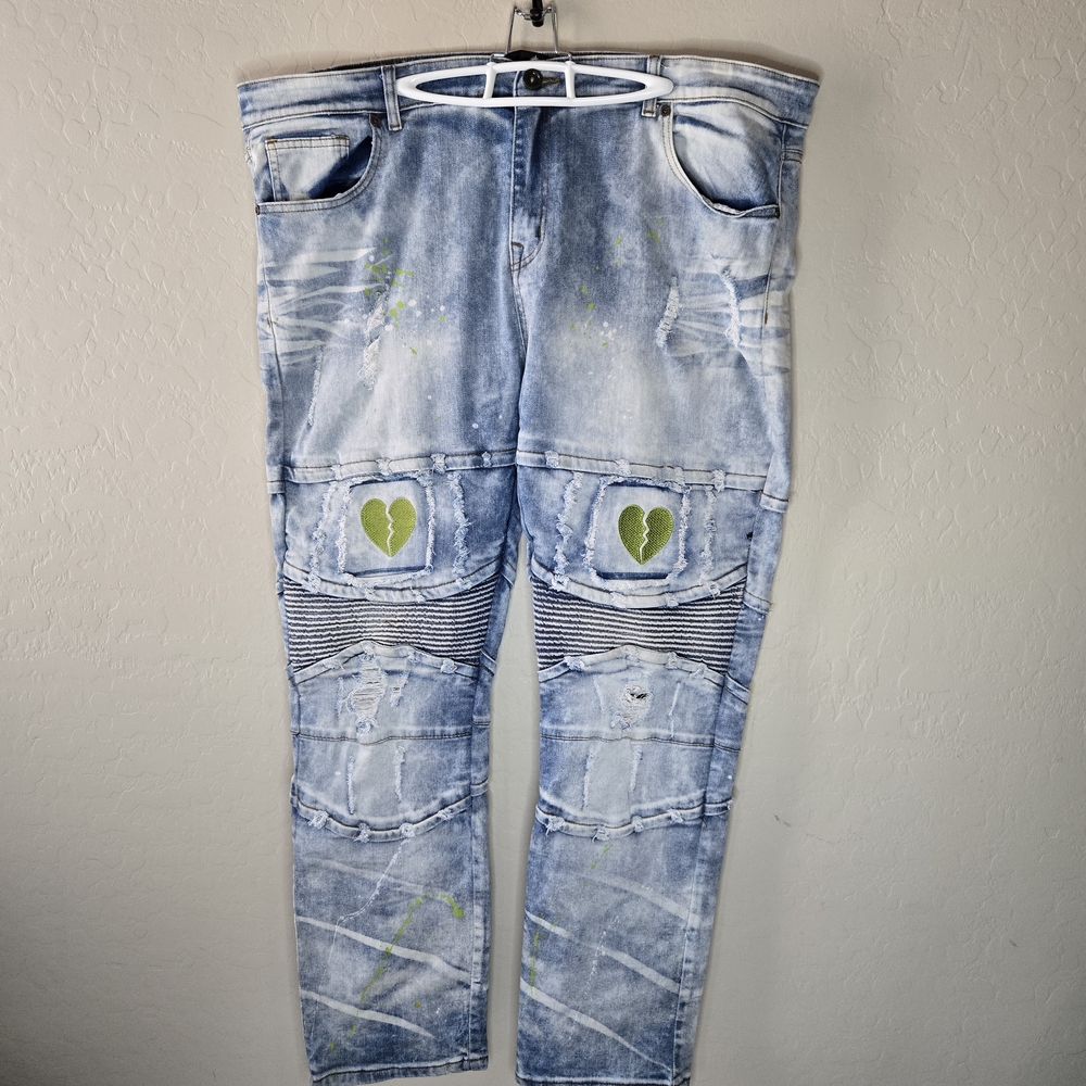 Focus Men's Relaxed Broken Heart Jeans Green Details Paint Splatter 44Wx32L